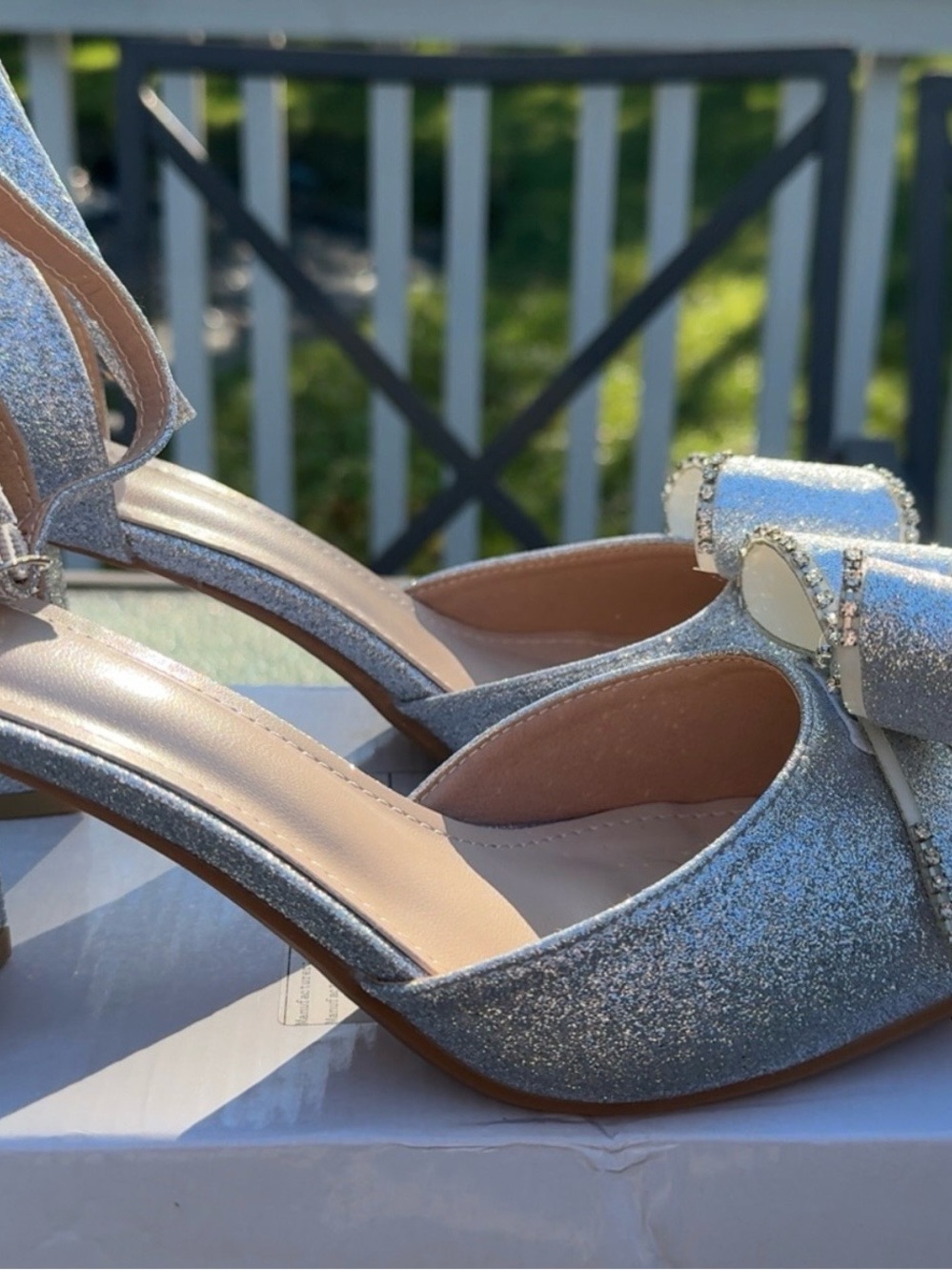 Silver Glitter Bow Block Heels with Ankle Strap